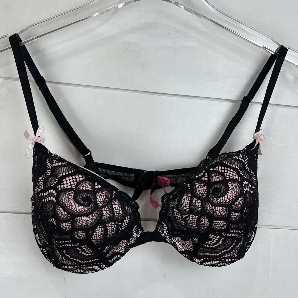 Betsey Johnson‎ Lace Push Up Padded Bra 34C Underwire Black